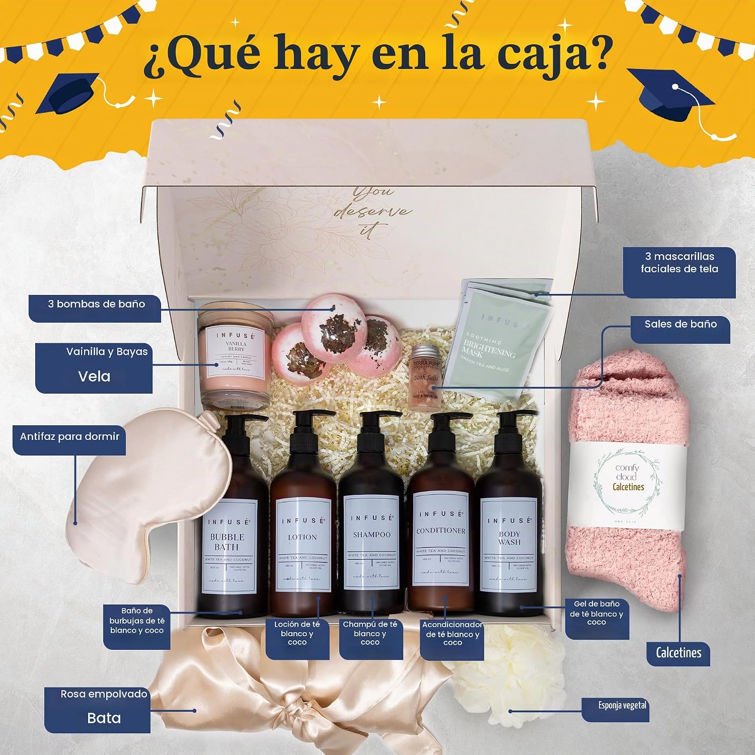 CAJA DE REGALO DE SPA DE 10 PIEZAS PARA MUJER, JUEGO DE CUIDADO PERSONAL CON MÁSCARA DE OJOS, LUFA, BOMBAS DE BAÑO, MÁSCARAS - 3