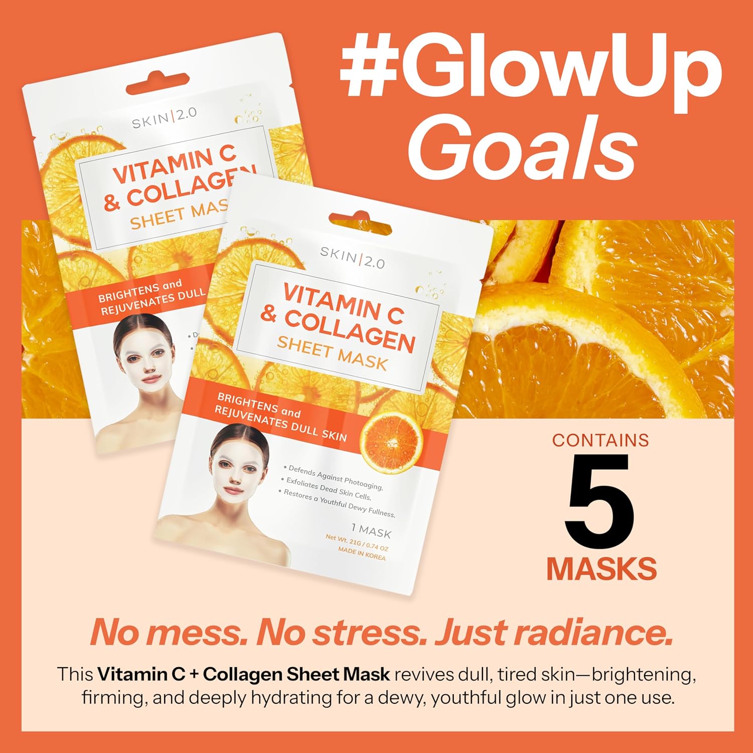 SKIN 2.0 MÁSCARA EN HOJA DE VITAMINA C Y COLÁGENO - REDUCTORA DE ARRUGAS, MANCHAS DE LA EDAD Y ANTIENVEJECIMIENTO, - 3