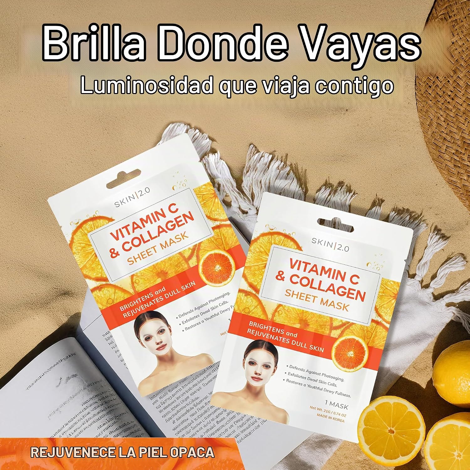 SKIN 2.0 MÁSCARA EN HOJA DE VITAMINA C Y COLÁGENO - REDUCTORA DE ARRUGAS, MANCHAS DE LA EDAD Y ANTIENVEJECIMIENTO, - 4