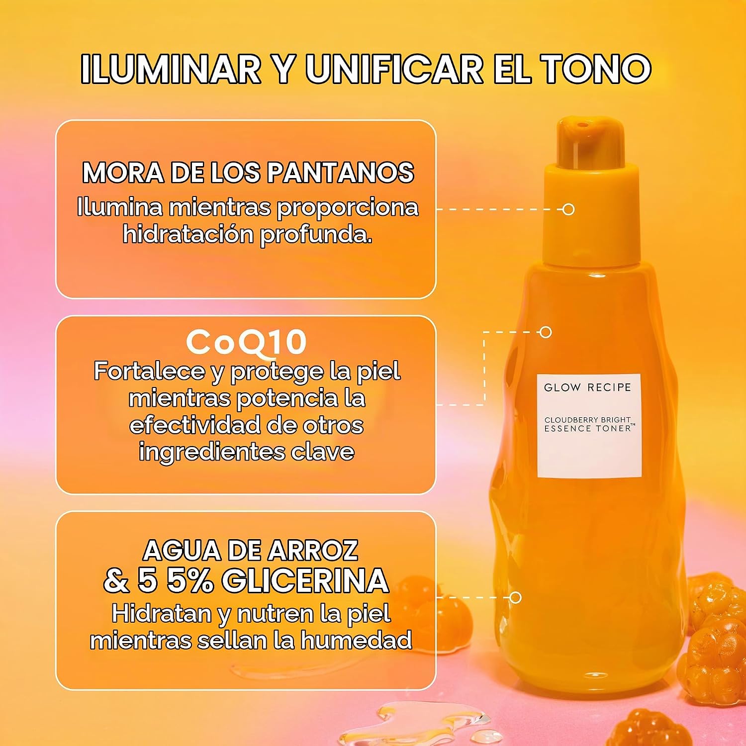 BRILLO GLOW RECIPE CLOUDBERRY TÓNICO ILUMINADOR ESENCIA FACIAL CUIDADO DE LA PIEL - TÓNICO FACIAL COQ10 PARA FORTALECER - 3