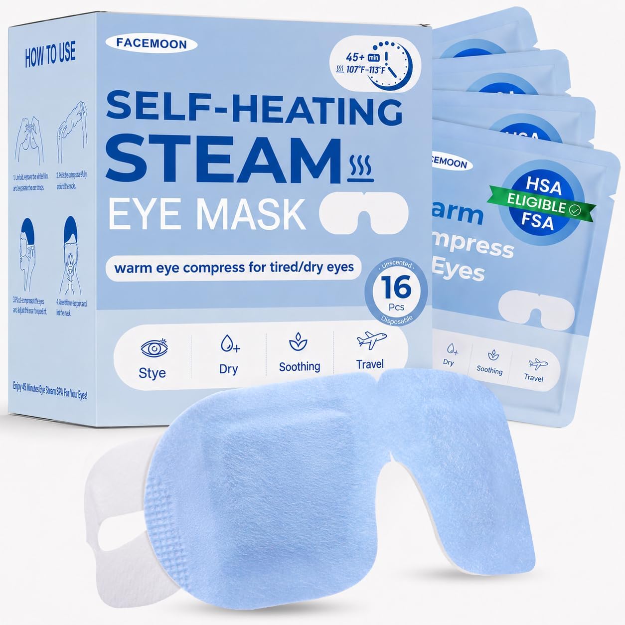 PAQUETE DE 16 MASCARILLAS DE VAPOR PARA OJOS SECOS, COMPRESA CÁLIDA - 1