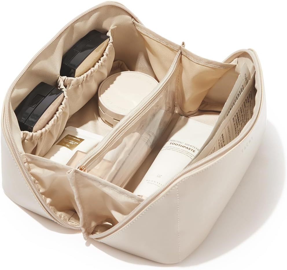 EACHY BOLSA DE MAQUILLAJE DE VIAJE, BOLSAS DE COSMÉTICOS DE GRAN CAPACIDAD PARA MUJER, BOLSA DE ASEO PLANA ABIERTA, - 1