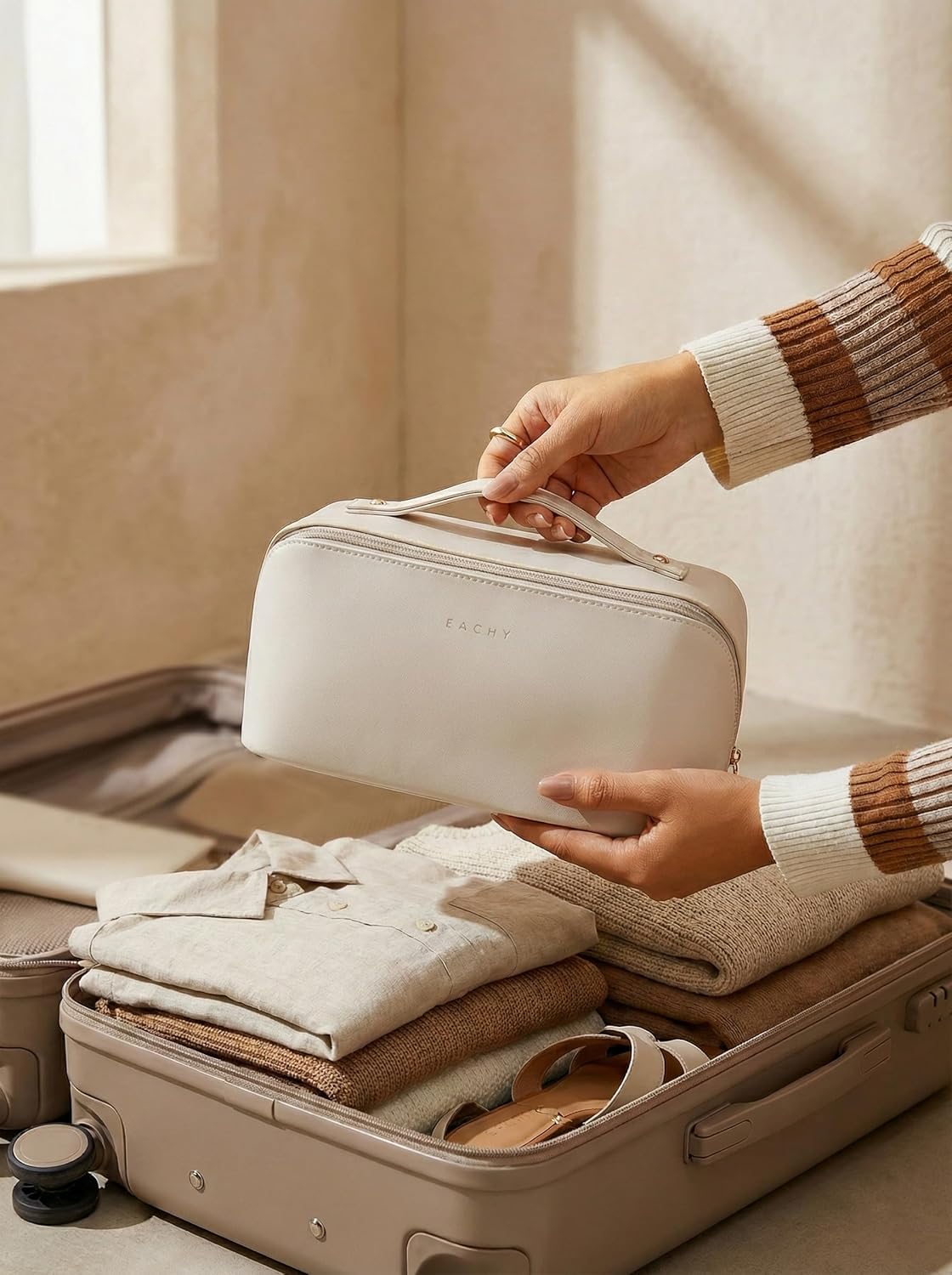 EACHY BOLSA DE MAQUILLAJE DE VIAJE, BOLSAS DE COSMÉTICOS DE GRAN CAPACIDAD PARA MUJER, BOLSA DE ASEO PLANA ABIERTA, - 2