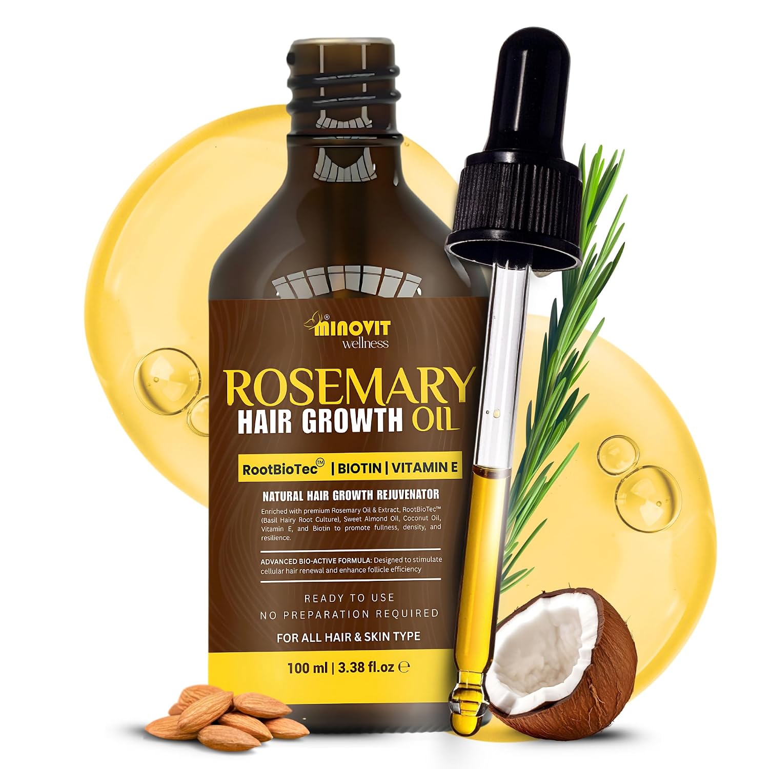 ACEITE DE ROMERO PARA EL CRECIMIENTO DEL CABELLO 3.4 ONZAS LÍQUIDAS INFUNDIDO CON BIOTINA, VITAMINA E, ACEITE DE ALMENDRAS - 1