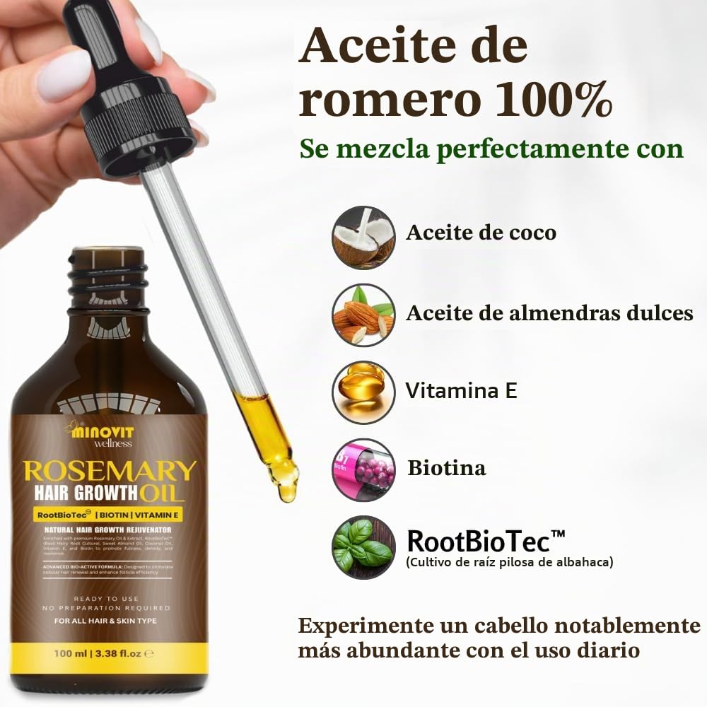 ACEITE DE ROMERO PARA EL CRECIMIENTO DEL CABELLO 3.4 ONZAS LÍQUIDAS INFUNDIDO CON BIOTINA, VITAMINA E, ACEITE DE ALMENDRAS - 2