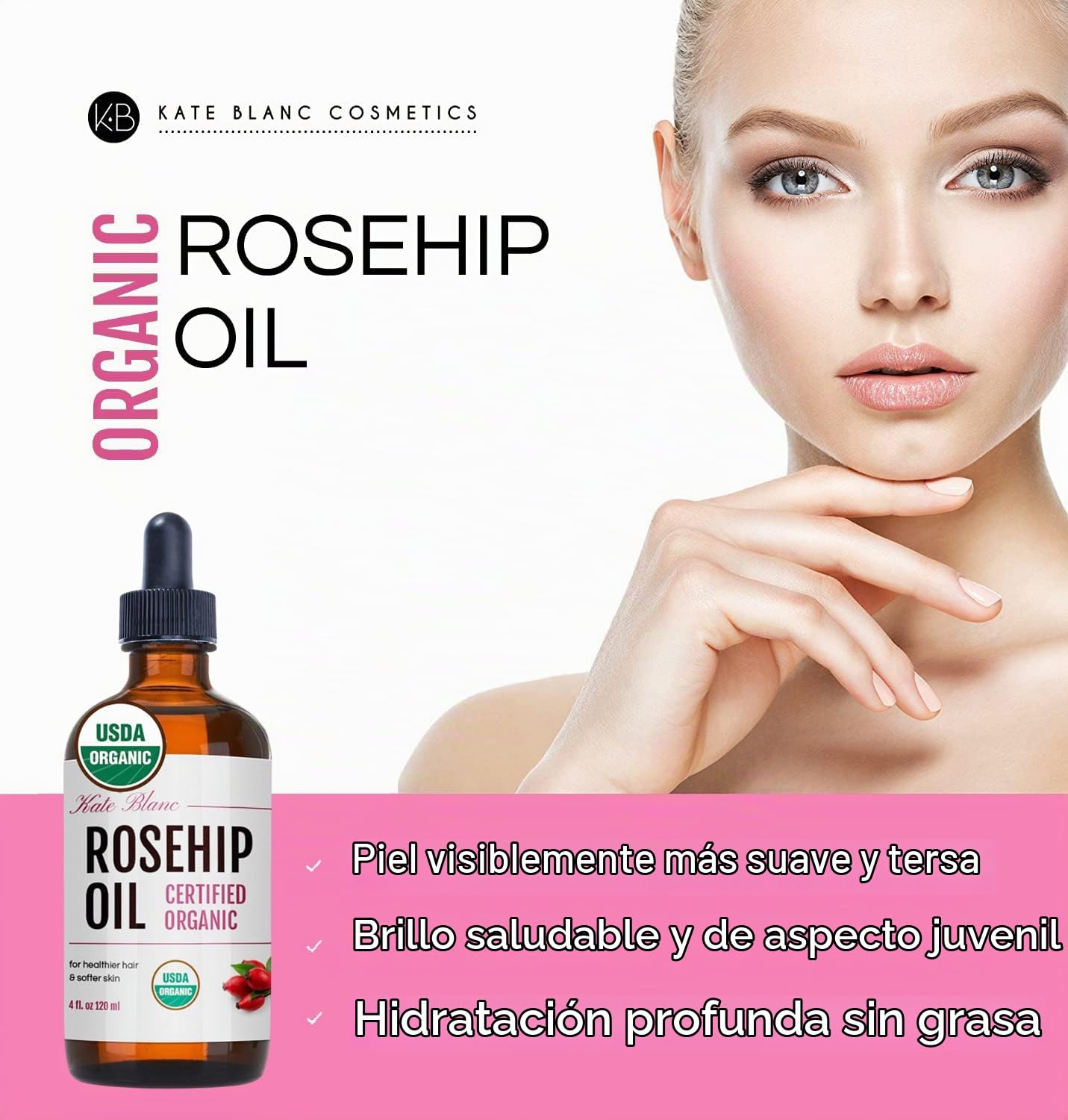KATE BLANC COSMETICS ACEITE DE ROSA MOSQUETA PARA CARA Y PIEL 4 ONZAS, ORGÁNICO, PURO, PRENSADO EN FRÍO , ACEITE FACIAL - 2