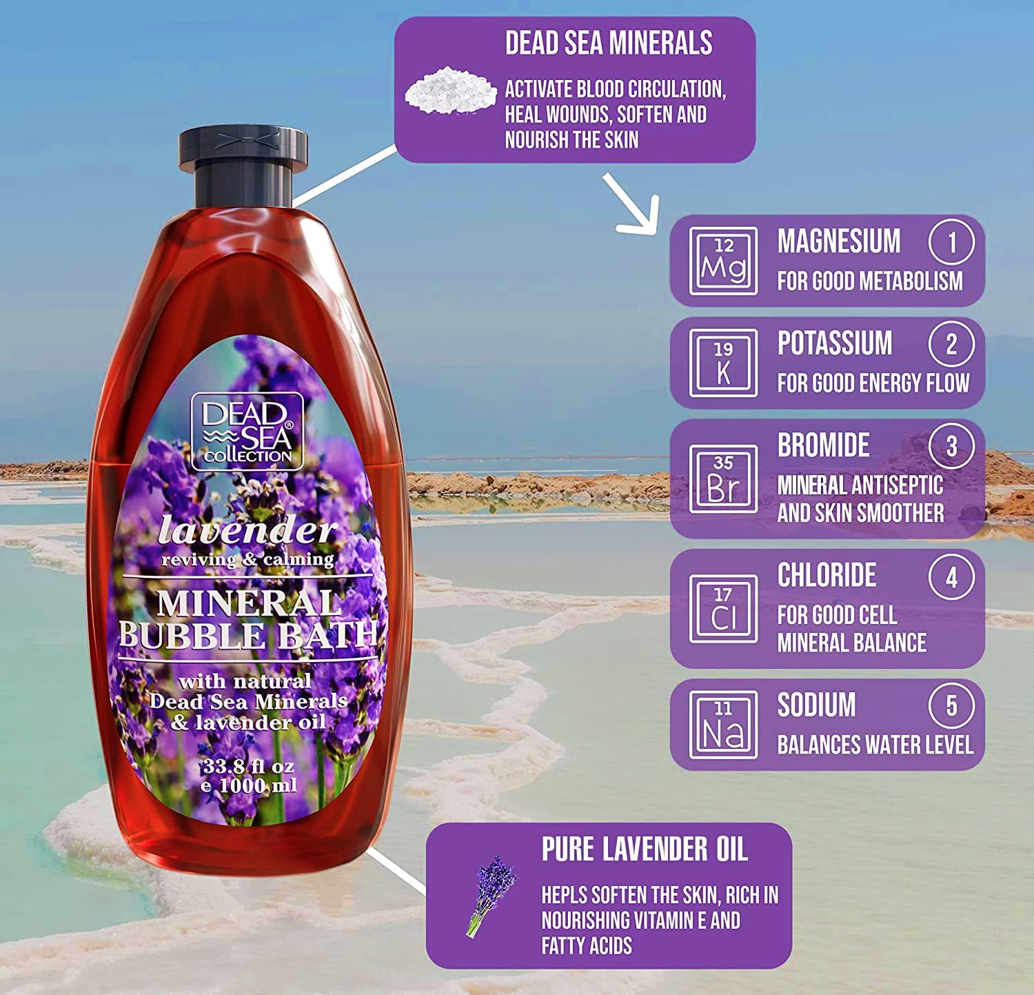 DEAD SEA COLLECTION BAÑO DE BURBUJAS CON LAVANDA PARA MUJERES Y HOMBRES, ACEITE DE LAVANDA Y MINERALES PUROS DEL MAR MUERTO, - 2