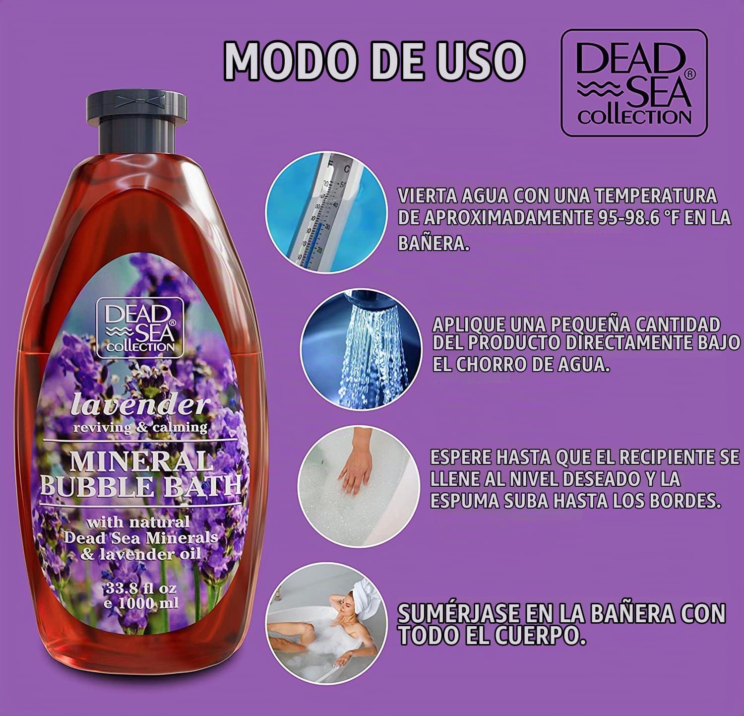 DEAD SEA COLLECTION BAÑO DE BURBUJAS CON LAVANDA PARA MUJERES Y HOMBRES, ACEITE DE LAVANDA Y MINERALES PUROS DEL MAR MUERTO, - 4