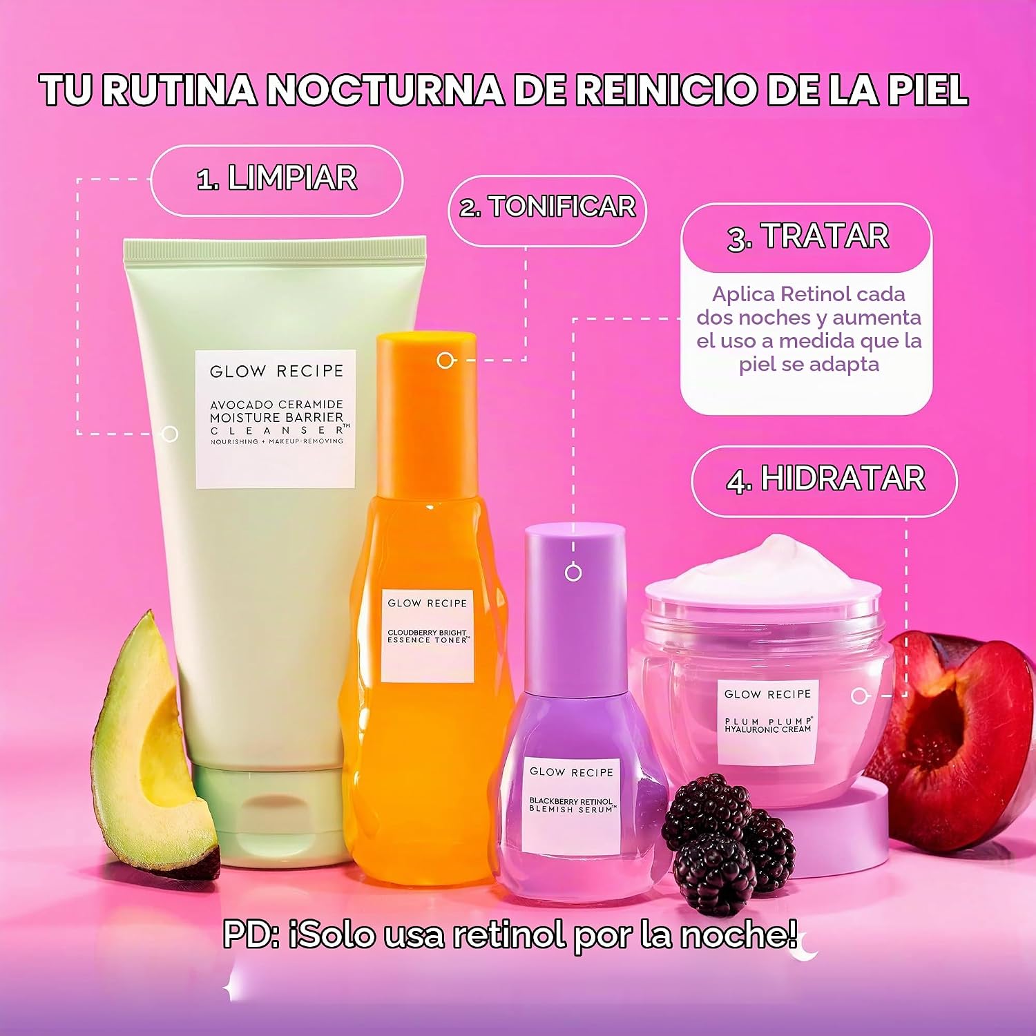 BRILLO GLOW RECIPE SUERO SUAVE DE RETINOL DE MORA, SUERO NOCTURNO DE RETINOL COREANO PARA PIELES SENSIBLES, TRIPLE - 4