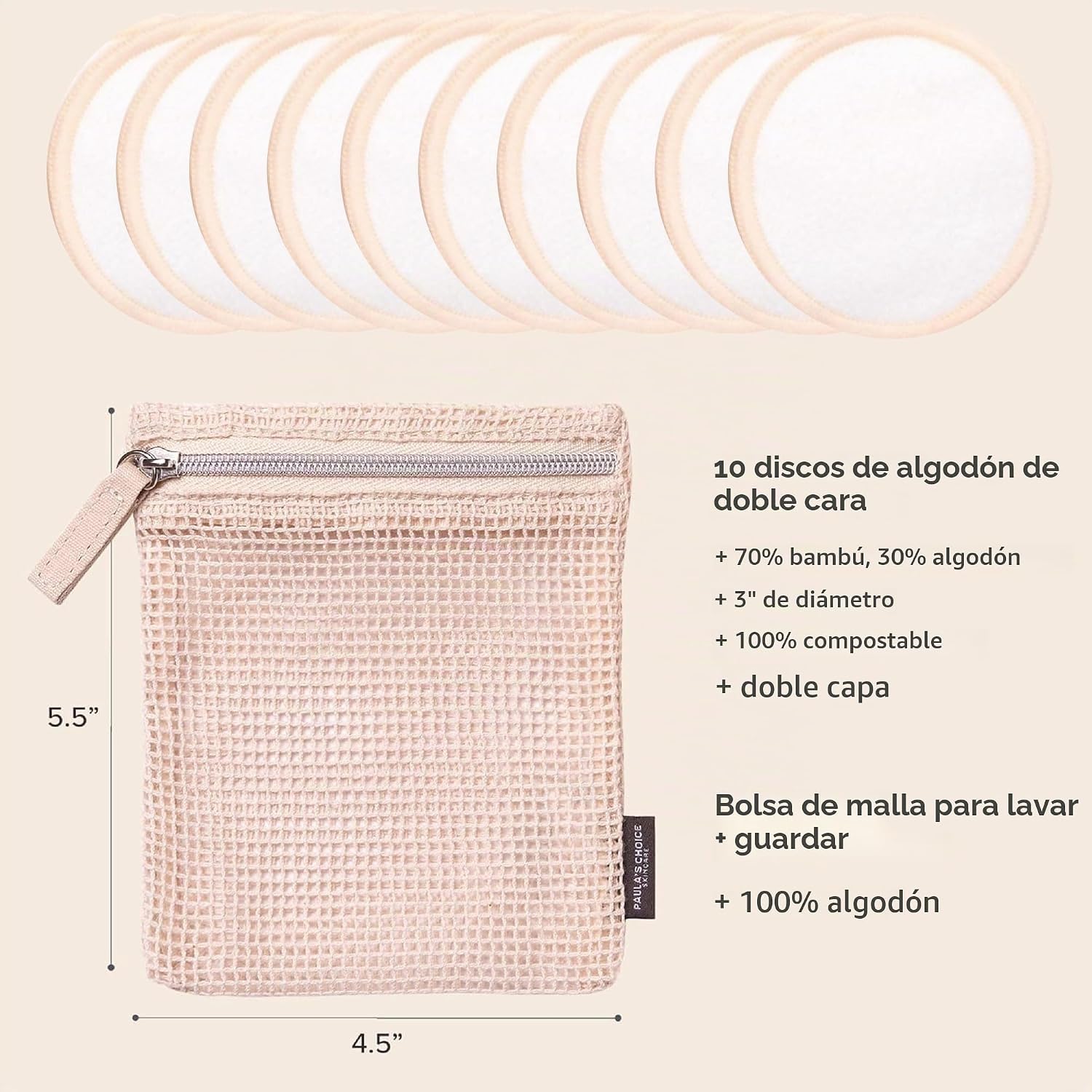 PAULA S CHOICE ALMOHADILLAS DESMAQUILLANTES REUTILIZABLES, REDONDAS DE ALGODÓN Y BAMBÚ ECOLÓGICAS PARA TÓNER Y EXFOLIANTES, - 4