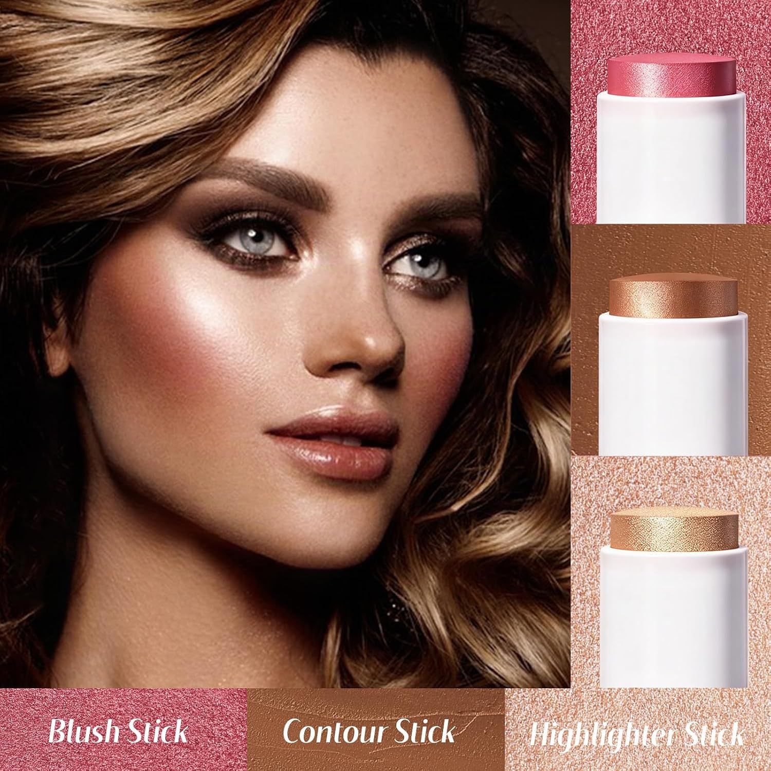 KIMUSE TRÍO DE PALITOS FACIALES, BARRA DE RUBOR CREMA E ILUMINADOR Y BARRA DE CONTORNO PARA ESCULPIR LAS MEJILLAS, TRÍO - 6