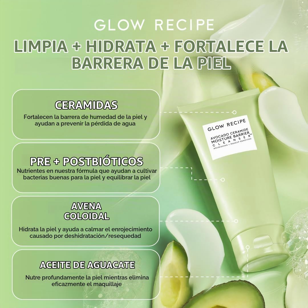 BRILLO GLOW RECIPE LIMPIADOR FACIAL CON BARRERA DE HUMEDAD Y CERAMIDA DE AGUACATE, LIMPIADOR FACIAL HIDRATANTE PARA PIEL - 2