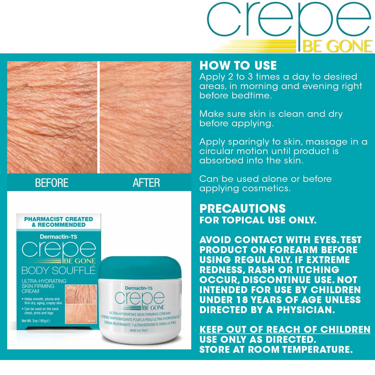DERMACTIN CREPE BE GONE - SOUFFLE CORPORAL CLÁSICO DE 3 ONZAS, CREMA REAFIRMANTE PARA LA PIEL CREPÉ ULTRA HIDRATANTE - 6