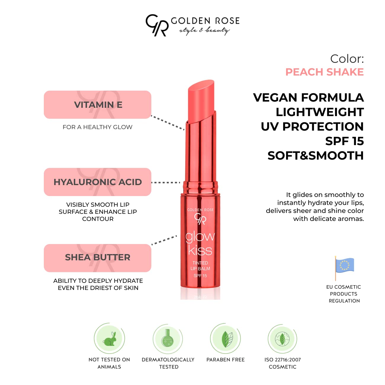 GOLDEN ROSE COSMETICS BRILLO GLOW KISS - BĂLSAMO LABIAL TINTADO CON SPF15, FĂRMULA VEGANA BATIDO DE MELOCOTĂN - 2