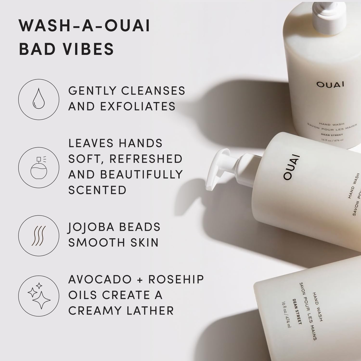 OUAI JABÓN DE MANOS, DEAN STREET - JABÓN LÍQUIDO DE MANOS CON JOJOBA, AGUACATE Y ACEITE DE ROSA MOSQUETA PARA PIEL REPARADA - 3