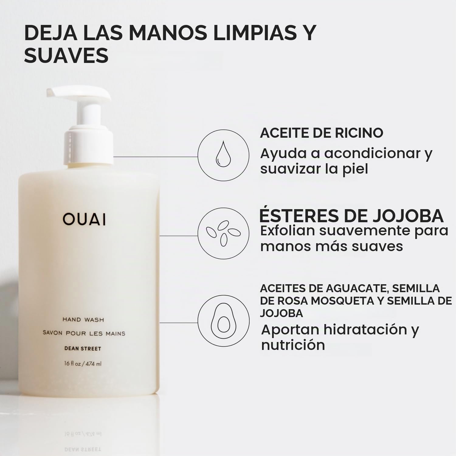 OUAI JABÓN DE MANOS, DEAN STREET - JABÓN LÍQUIDO DE MANOS CON JOJOBA, AGUACATE Y ACEITE DE ROSA MOSQUETA PARA PIEL REPARADA - 4