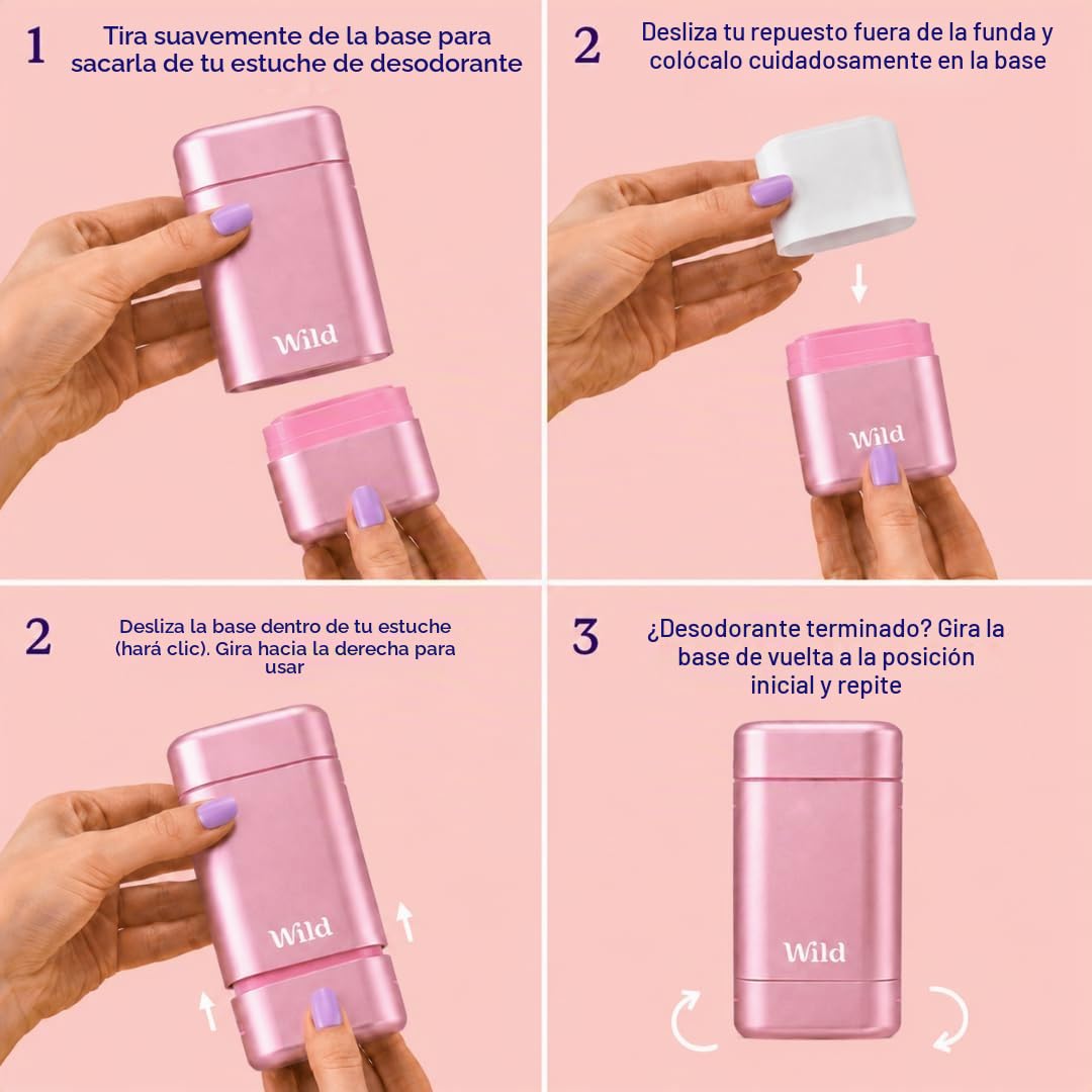 WILD - KIT DE MAQUILLAJE DE INICIACIÓN DE DESODORANTE RECARGABLE CON ESTUCHE ROSA Y REPUESTO PERFUMADO DE ALGODÓN FRESCO - 6