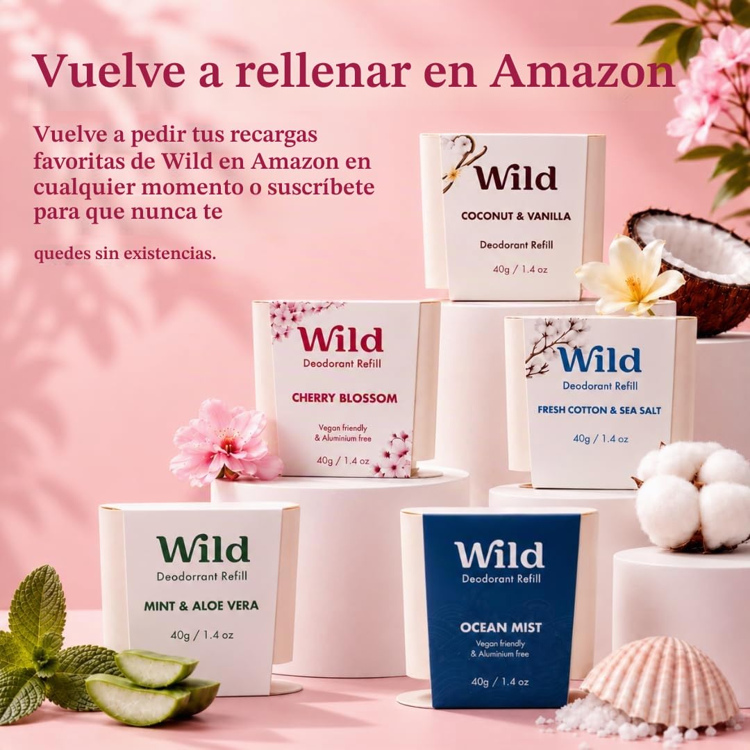 WILD - KIT DE MAQUILLAJE DE INICIACIÓN DE DESODORANTE RECARGABLE CON ESTUCHE ROSA Y REPUESTO PERFUMADO DE ALGODÓN FRESCO - 7