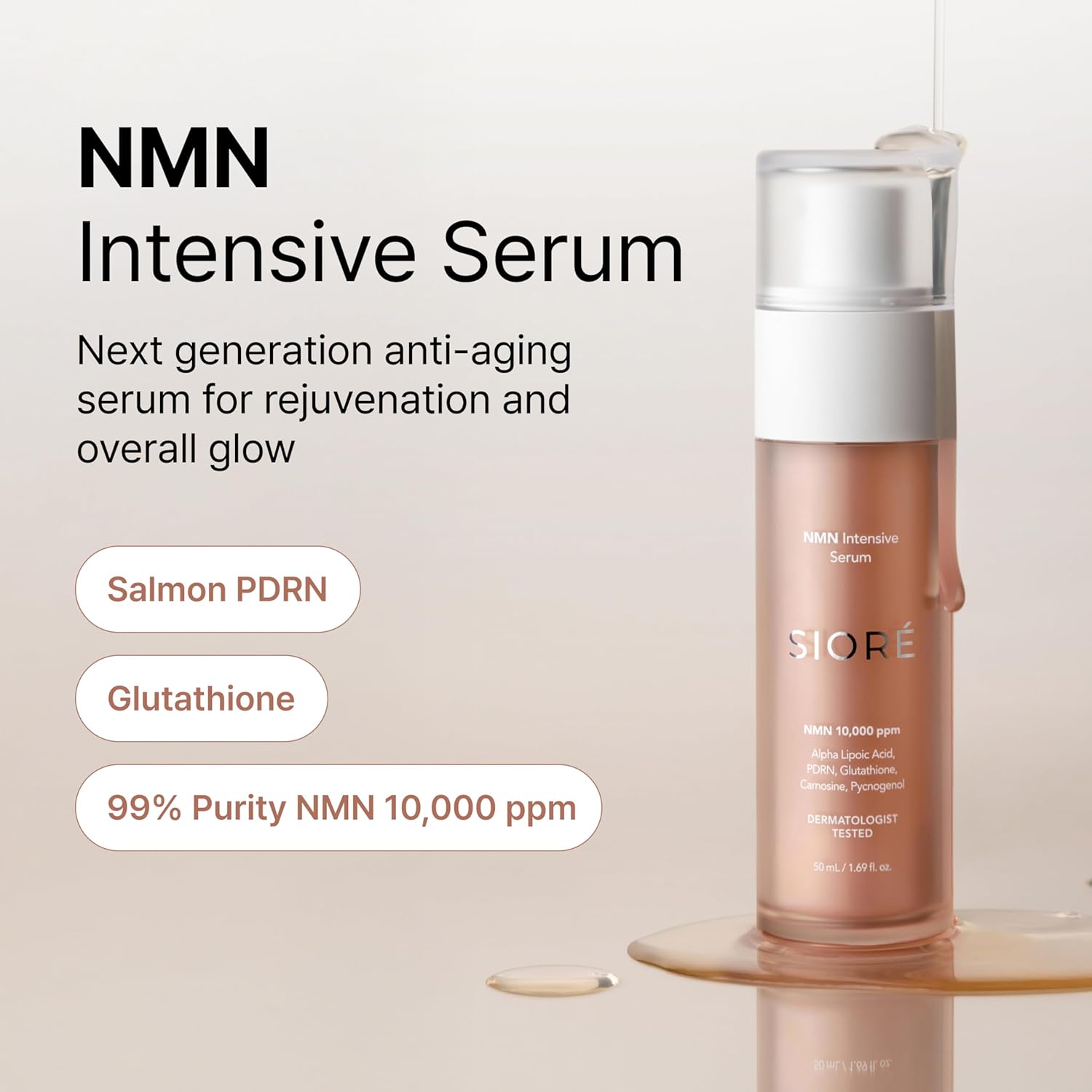 SIORE NMN - SUERO INTENSIVO SUERO FACIAL REGORDETE, REAFIRMANTE Y RESPLANDECIENTE CON 99% DE PUREZA NMN 10,000 PPM, ADN - 2