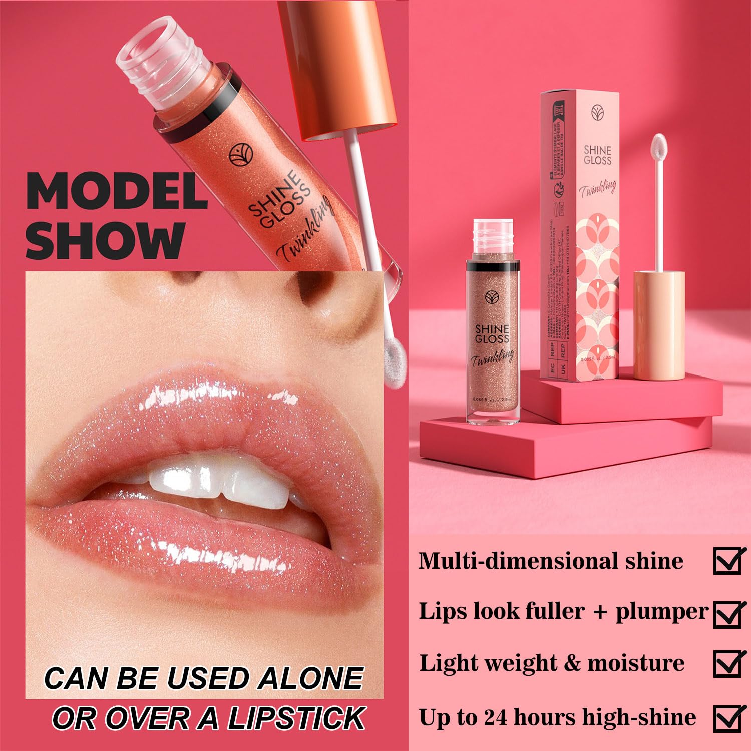 BRILLO DE LABIOS ROSA PLUMPER GLOSS SHIMMER HIGH BRILLO BRILLO DE LABIOS HIDRATANTE, BRILLO LABIAL TINTADO DE LARGA DURACIĂN - 4