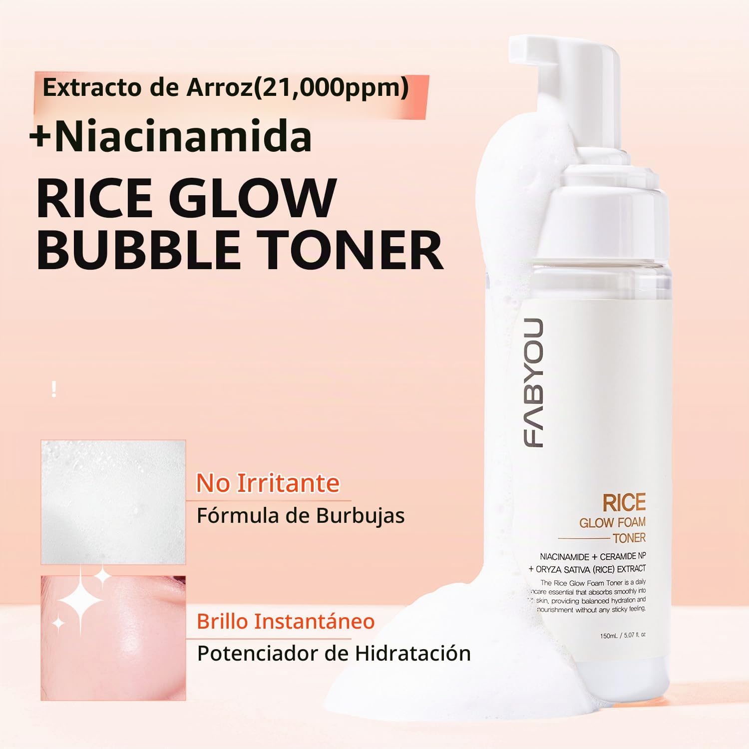 RICE BRILLO GLOW BUBBLE TÓNICO FACIAL 5.07 FL OZ TÓNICO LECHOSO PARA PIELES SENSIBLES Y SECAS, CON NIACINAMIDA Y EXTRACTO - 2