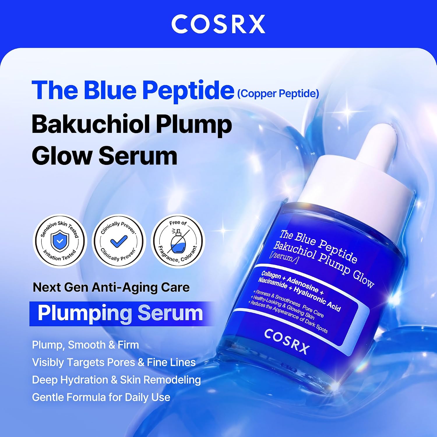 COSRX THE BLUE COPPER PEPTIDE BAKUCHIOL SÉRUM FACIAL CONCENTRADO, SUERO RELLENADOR DE PÉPTIDOS COREANOS PARA CARA, PÉPTIDOS - 2