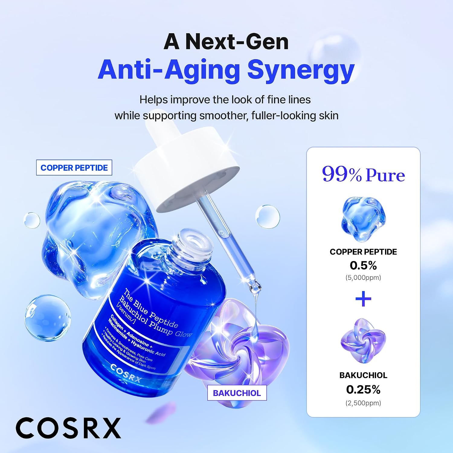 COSRX THE BLUE COPPER PEPTIDE BAKUCHIOL SÉRUM FACIAL CONCENTRADO, SUERO RELLENADOR DE PÉPTIDOS COREANOS PARA CARA, PÉPTIDOS - 3