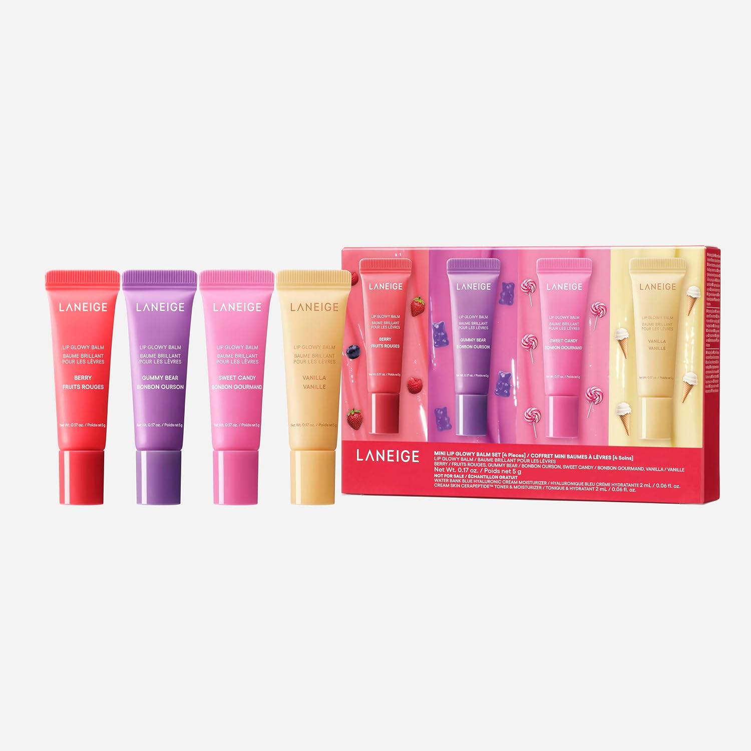 LANEIGE MINI LIP GLOWY BALM KIT DE MAQUILLAJE SET: BÁLSAMOS LABIALES TRANSPARENTES DE TAMAÑO DE VIAJE CON MANTECA DE KARITÉ - 1