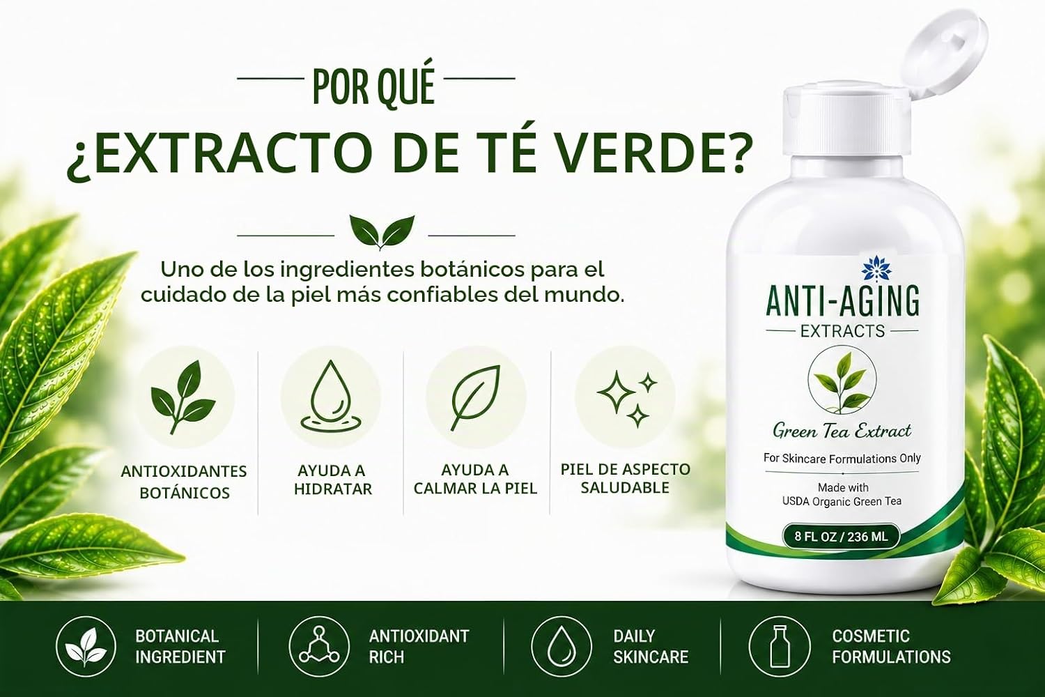 EXTRACTO DE TÉ VERDE PURO PARA PIEL Y CABELLO, ANTIOXIDANTE, POLIFENOL Y EGCG PROCESADO EN FRÍO, SUERO CON HOJAS ORGÁNICAS - 2