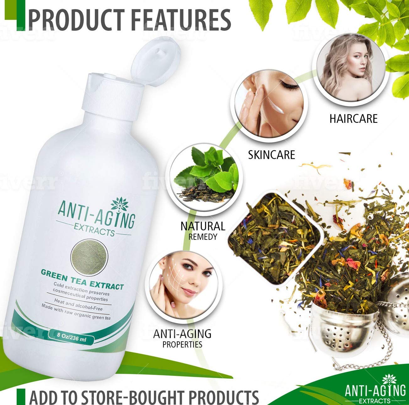 EXTRACTO DE TÉ VERDE PURO PARA PIEL Y CABELLO, ANTIOXIDANTE, POLIFENOL Y EGCG PROCESADO EN FRÍO, SUERO CON HOJAS ORGÁNICAS - 6