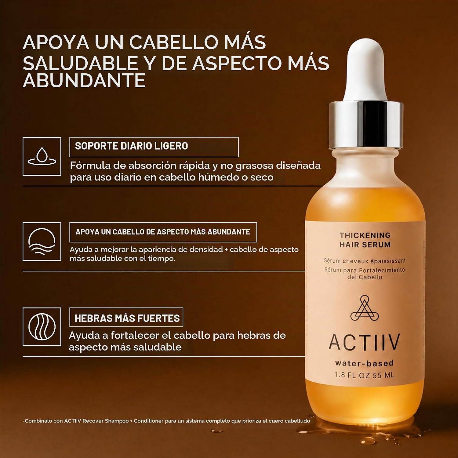 ACTIIV SUERO PARA EL CABELLO DENSIFICADOR, A BASE DE AGUA, AUMENTA LA DENSIDAD, 1.8 ONZAS LÍQUIDAS - 2