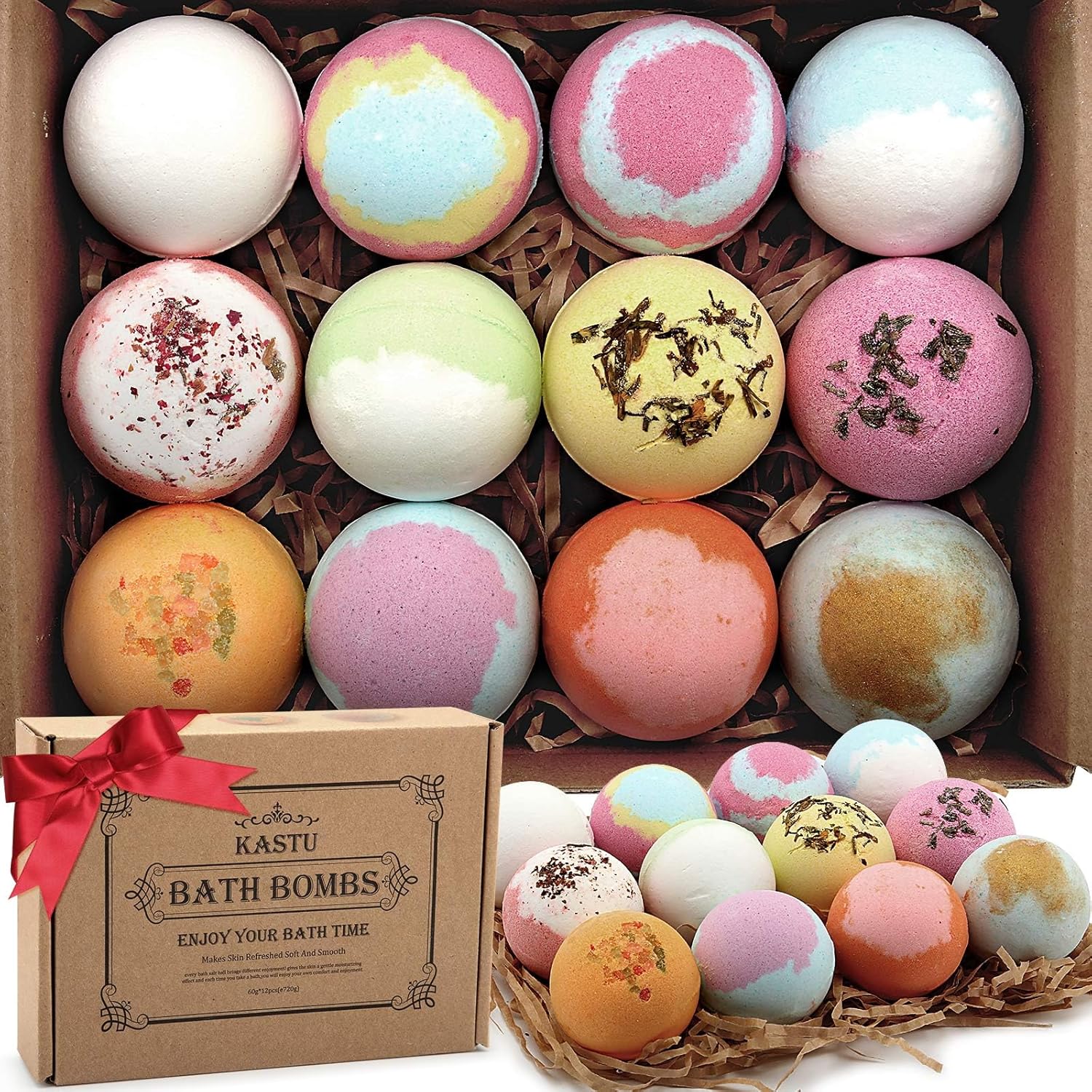BOMBAS DE BAÑO KASTU, BOLAS DE SAL, JUEGO DE REGALO DE 12 PIEZAS, EXTRACTO DE VAINILLA MENTOL Y ROSA, ACEITES ESENCIALES, - 1