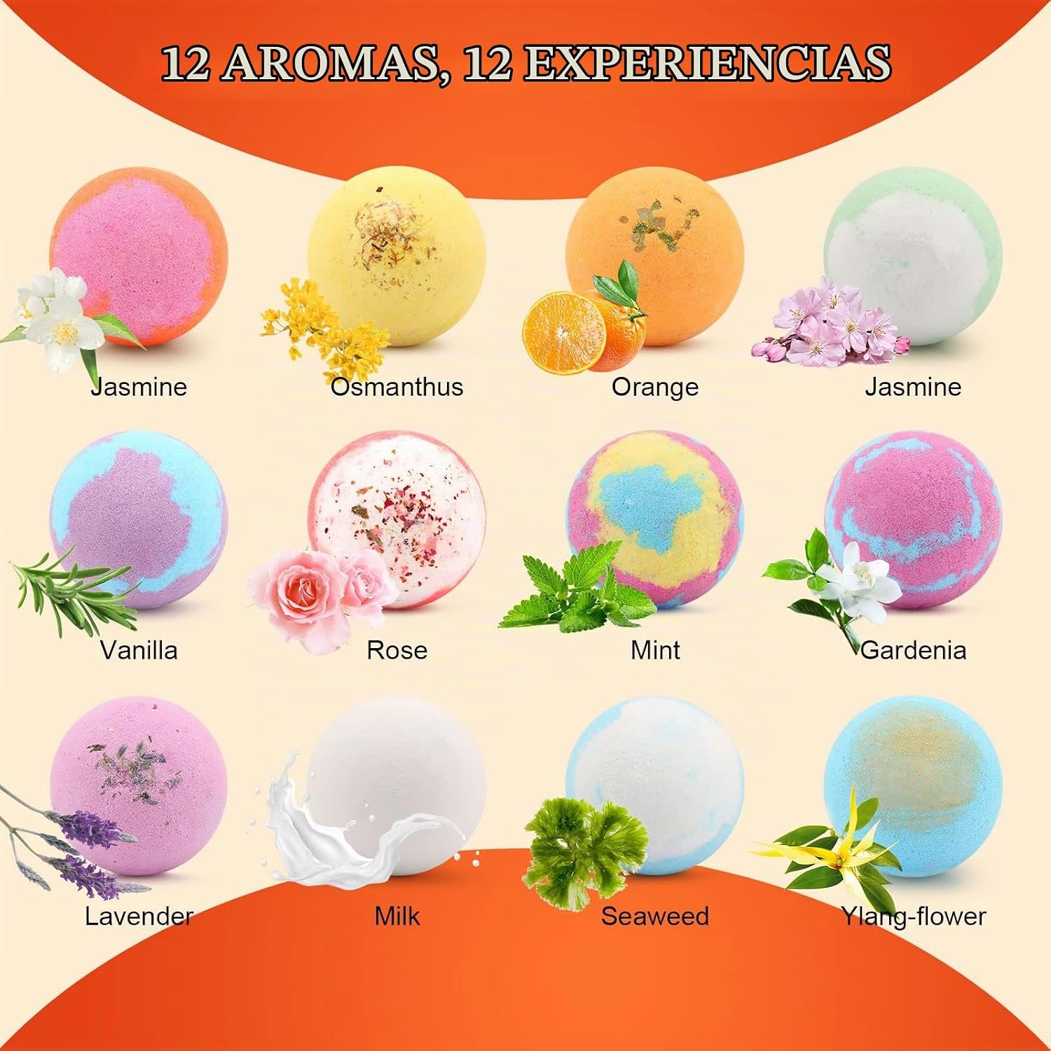 BOMBAS DE BAÑO KASTU, BOLAS DE SAL, JUEGO DE REGALO DE 12 PIEZAS, EXTRACTO DE VAINILLA MENTOL Y ROSA, ACEITES ESENCIALES, - 2