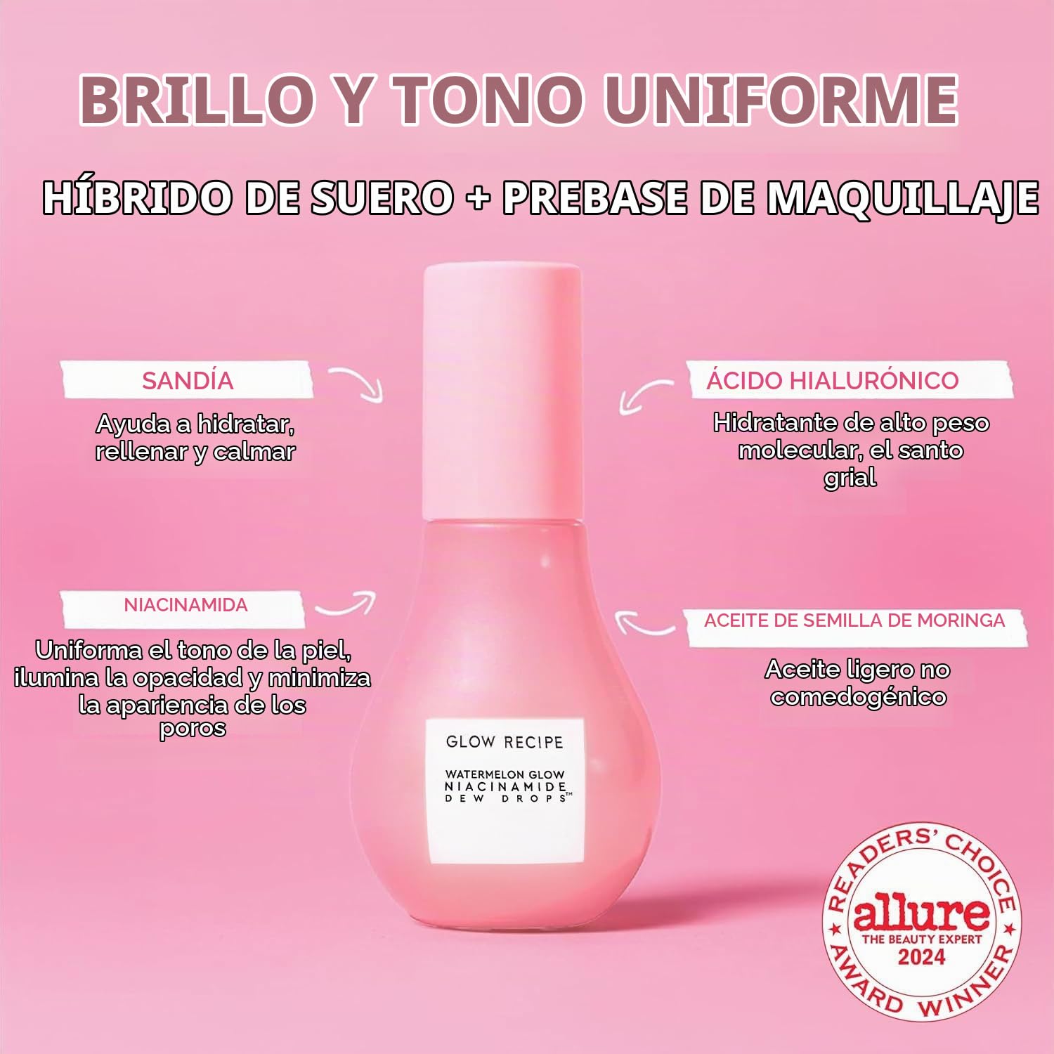 BRILLO GLOW RECIPE GOTAS DE ROCÍO DE NIACINAMIDA DE SANDÍA - SUERO FACIAL HIDRATANTE ILUMINADOR Y RELLENADOR, PREBASE - 2