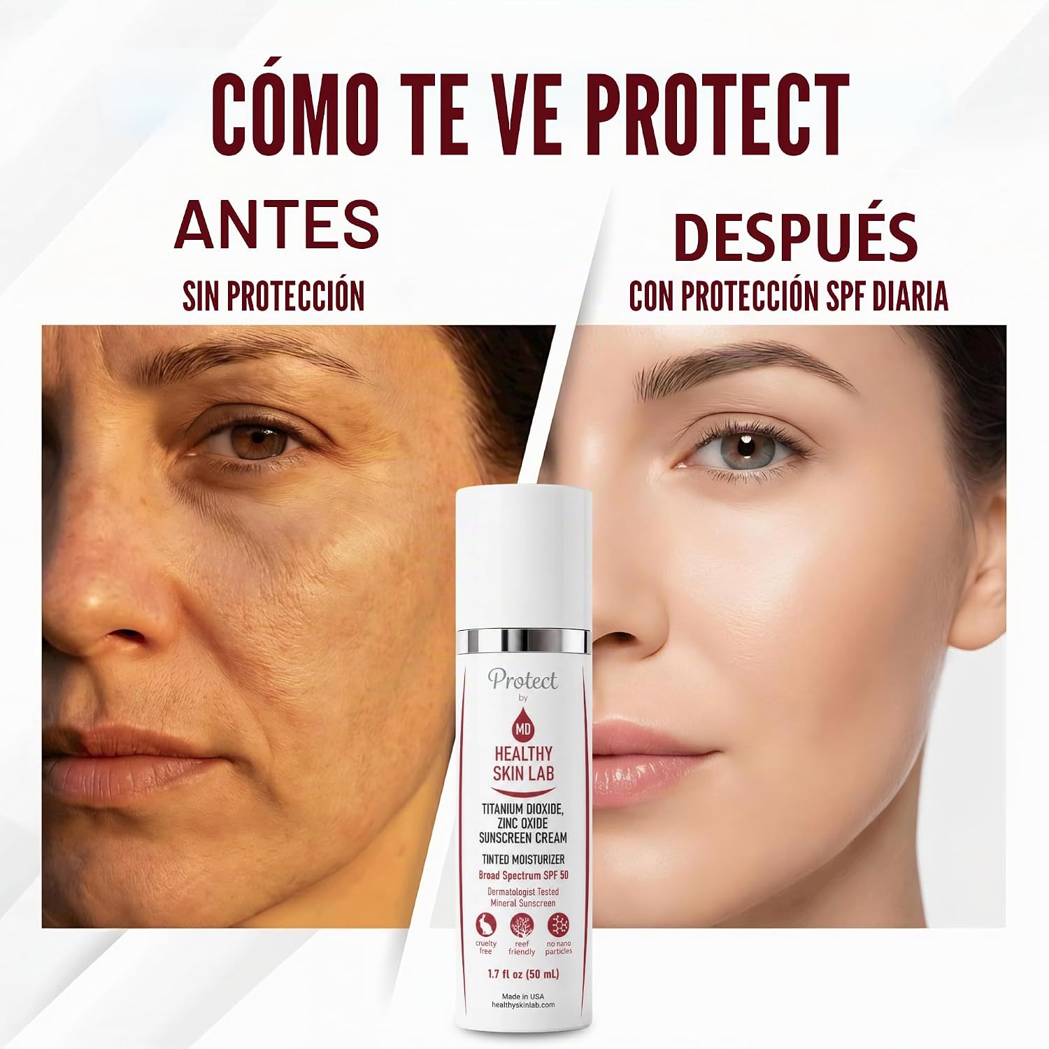 HEALTHY SKIN LAB PROTECT - HIDRATANTE TINTADO Y PROTECTOR SOLAR MINERAL SPF 50, TINTE UNIVERSAL TRANSPARENTE, COBERTURA - 6