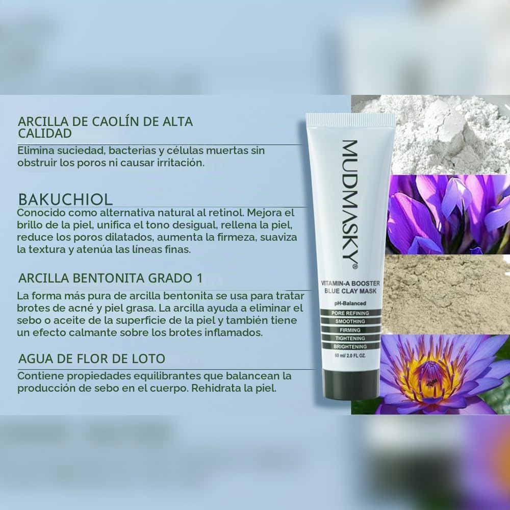 MUDMASKY VITAMIN-A BOOSTER BLUE CLAY MASCARILLA FACIAL 2.0 FL OZ / 2.0FL - ALTERNATIVA NATURAL DE RETINOL CON BAKUCHIOL, - 3