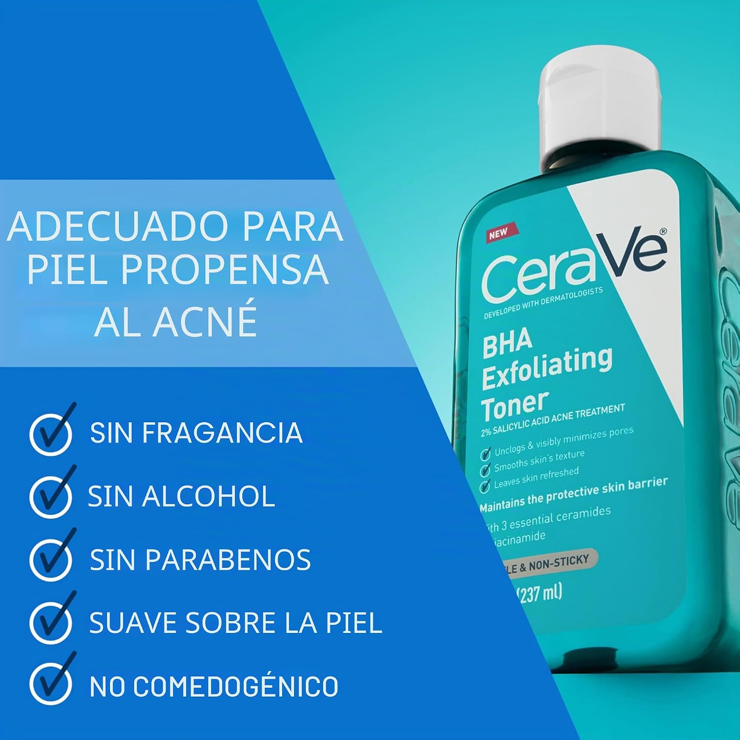 CERAVE BHA TÓNICO FACIAL EXFOLIANTE PARA MINIMIZAR POROS Y PIEL MÁS SUAVE CON CERAMIDAS, 2% ÁCIDO SALICÍLICO Y NIACINAMIDA, - 5