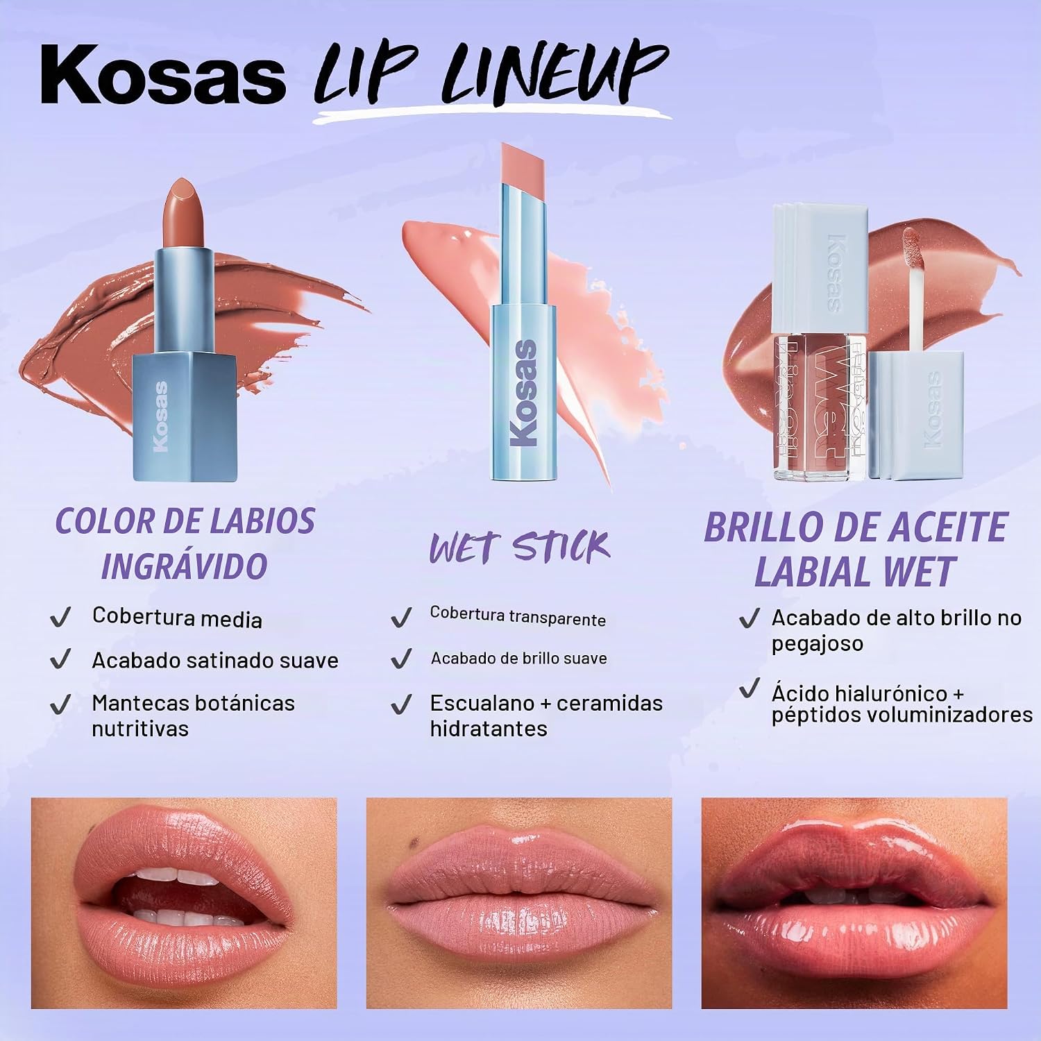 KOSAS COLOR DE LABIOS SIN PESO LĂPIZ LABIAL SATINADO NUTRITIVO - COLOR DE LABIOS DE ALTO IMPACTO CON FĂRMULA LIMPIA - - 6