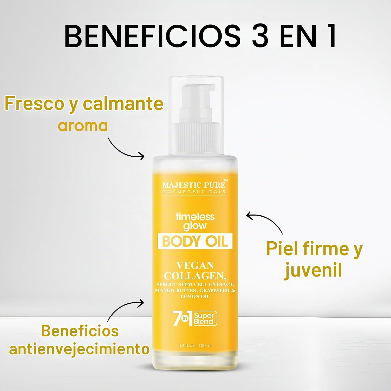 MAJESTIC PURE - ACEITE CORPORAL TIMELESS BRILLO GLOW CON COLÁGENO VEGANO, 3.4 ONZAS LÍQUIDAS - 4