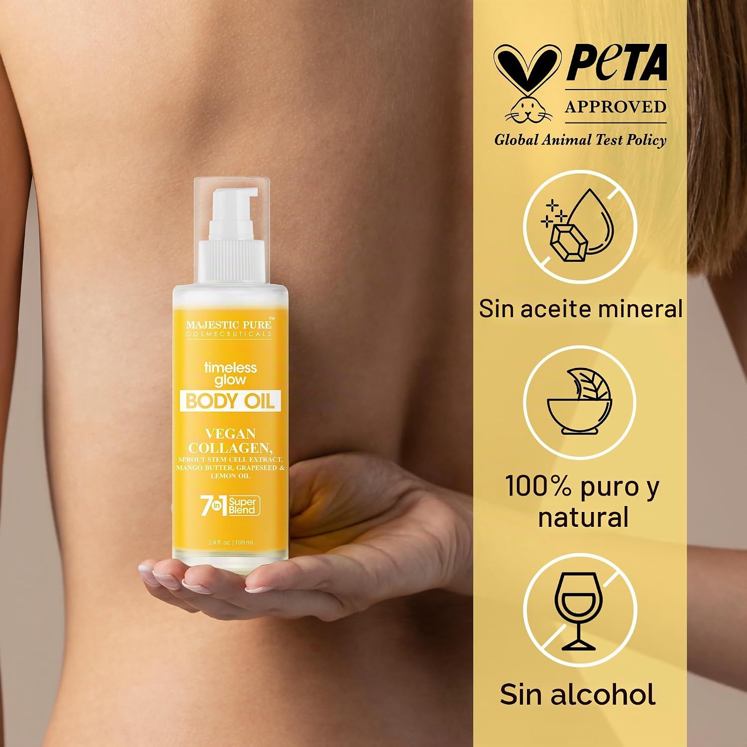 MAJESTIC PURE - ACEITE CORPORAL TIMELESS BRILLO GLOW CON COLÁGENO VEGANO, 3.4 ONZAS LÍQUIDAS - 6
