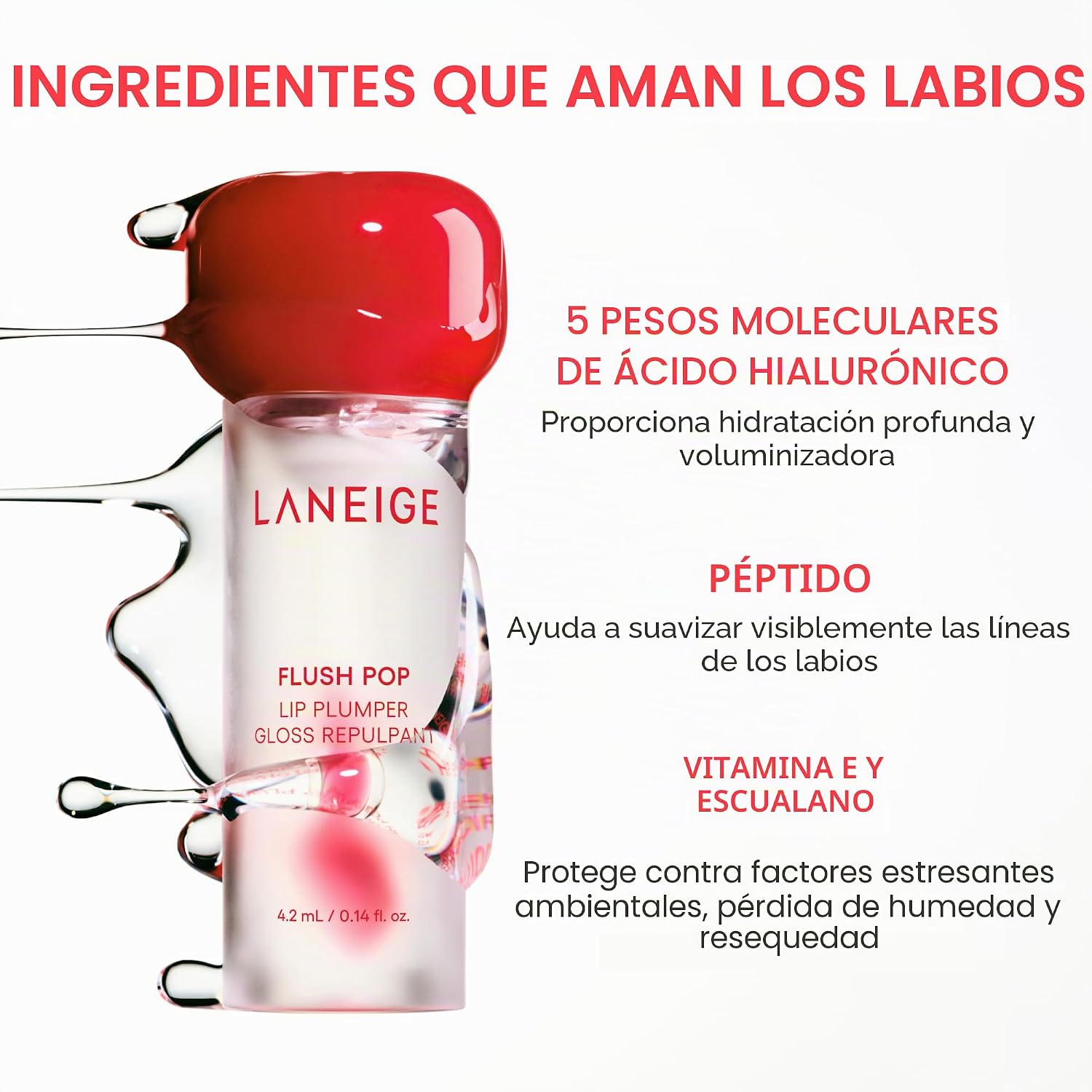 LANEIGE TUBO DE TRATAMIENTO DE BRILLO LABIAL FLUSH POP PEPTIDE GEL REFRESCANTE VOLUMINIZADOR Y VOLUMINIZADOR CUIDADO - 5