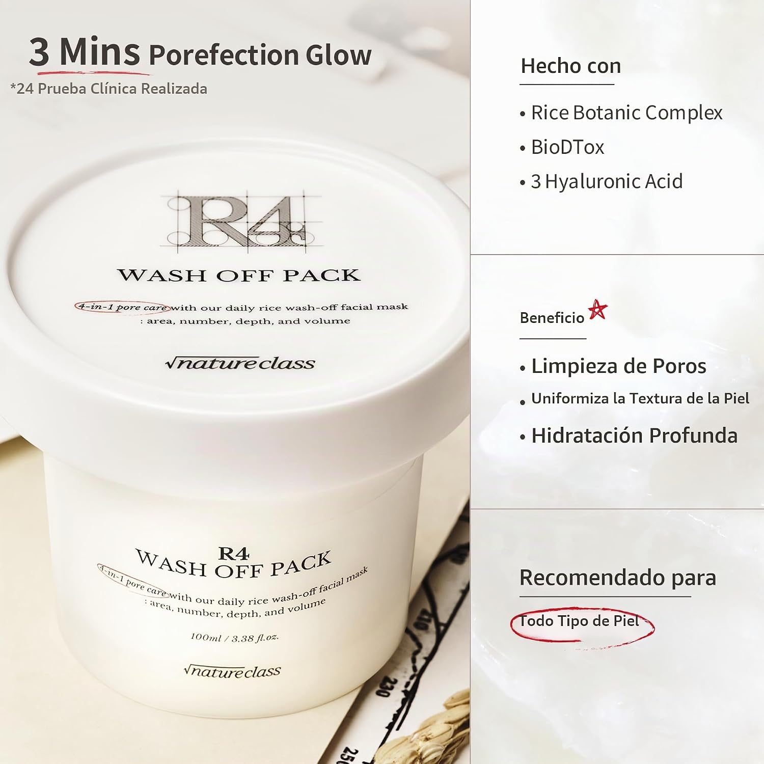 R4 MÁSCARA FACIAL LAVABLE DE ARROZ CUIDADO DE LA PIEL COREANA 4-EN-1, REFINADO DE POROS, EXFOLIACIÓN SUAVE, HIDRATANTE, - 2
