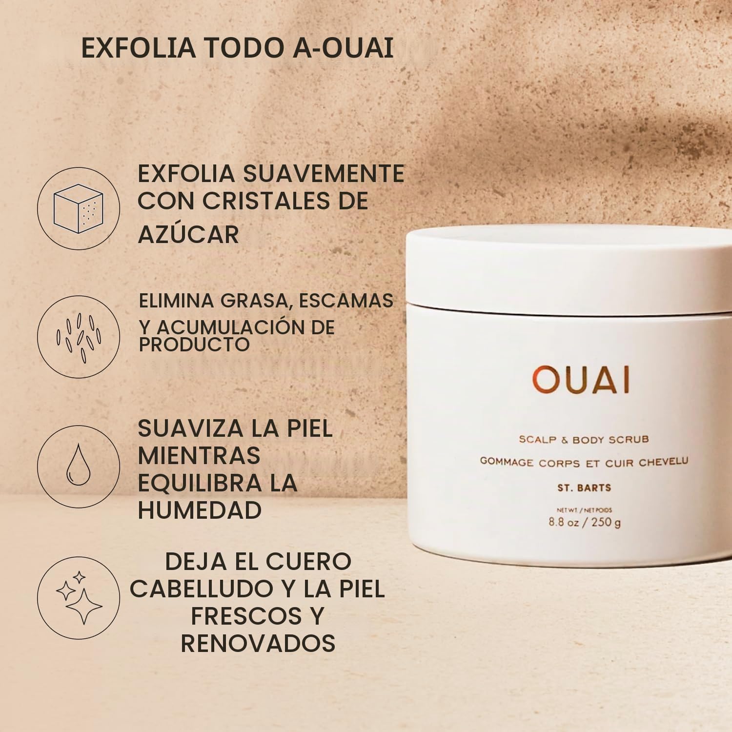 OUAI ST. BARTS - EXFOLIANTE CORPORAL CON MEZCLA DE AZÚCAR Y ACEITE DE COCO PARA PIEL SUAVE E HIDRATADA, EXFOLIANTE SUAVE - 3