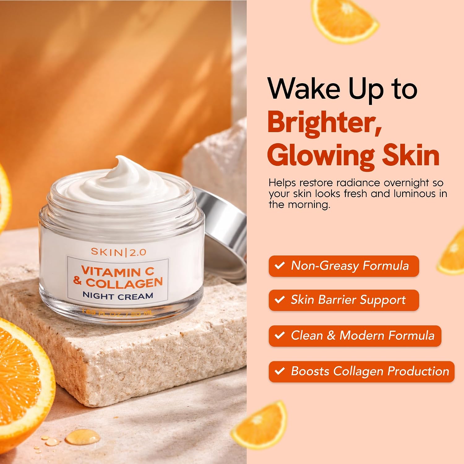 SKIN 2.0 HIDRATANTE FACIAL CON VITAMINA C Y COLÁGENO, CREMA DE NOCHE HIDRATANTE ANTIENVEJECIMIENTO PARA PIELES IRREGULARES - 3