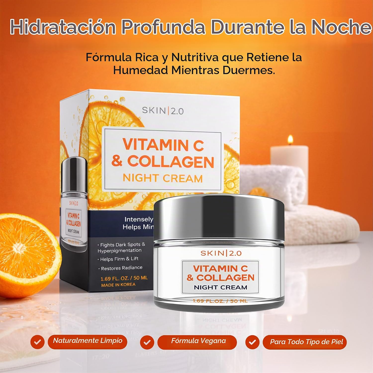 SKIN 2.0 HIDRATANTE FACIAL CON VITAMINA C Y COLÁGENO, CREMA DE NOCHE HIDRATANTE ANTIENVEJECIMIENTO PARA PIELES IRREGULARES - 4