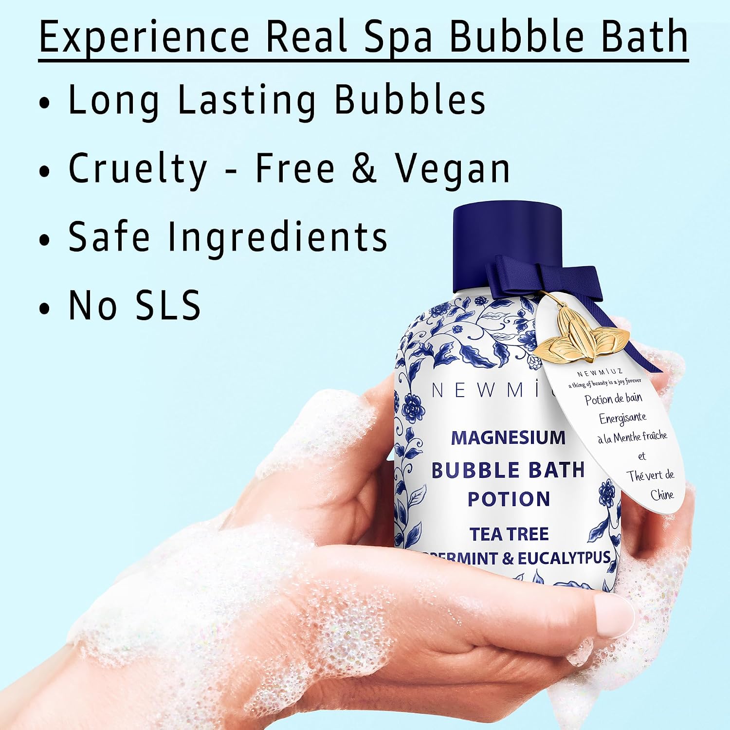 BAÑO DE BURBUJAS DE MAGNESIO, ESPUMA DE LARGA DURACIÓN PARA RECUPERACIÓN DE MÚSCULOS DOLORIDOS, ÁRBOL DE TÉ, MENTA, - 3