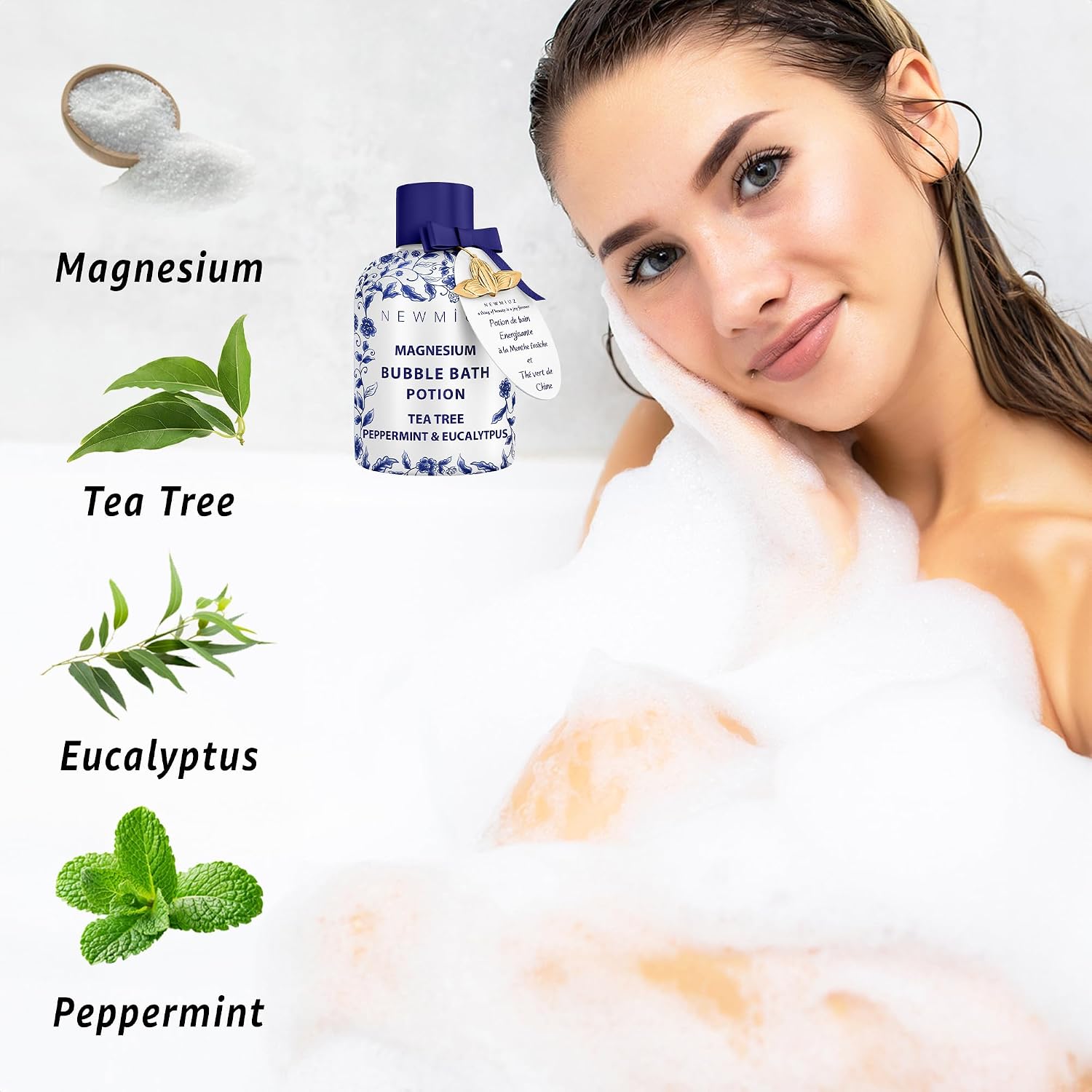 BAÑO DE BURBUJAS DE MAGNESIO, ESPUMA DE LARGA DURACIÓN PARA RECUPERACIÓN DE MÚSCULOS DOLORIDOS, ÁRBOL DE TÉ, MENTA, - 4