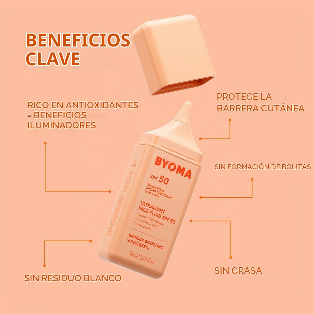 BYOMA SPF 50 FLUIDO FACIAL - PROTECTOR SOLAR FACIAL ULTRALIGERO PARA TODOS LOS TONOS DE PIEL - BRILLO LUMINOSO, SIN RESIDUOS - 3