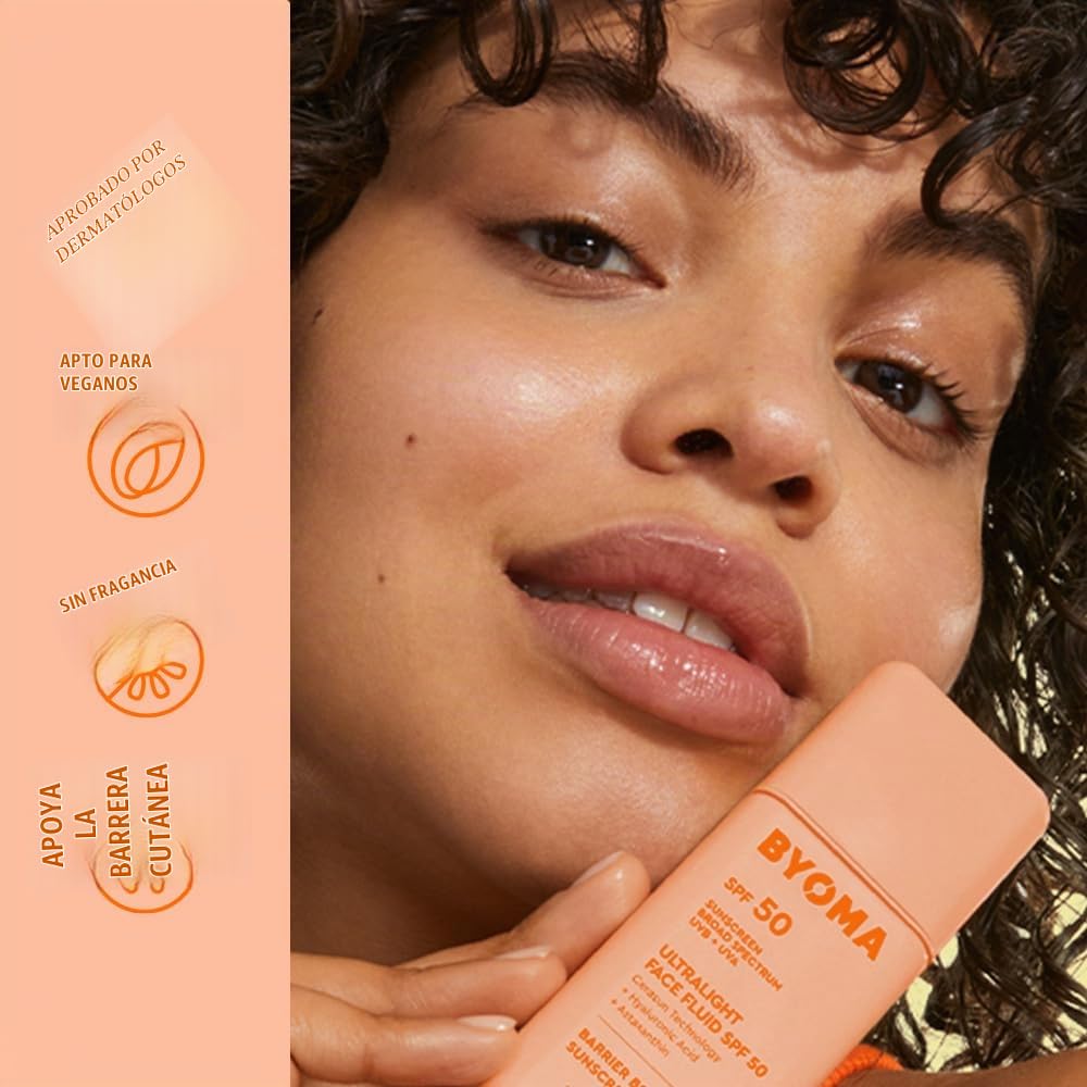BYOMA SPF 50 FLUIDO FACIAL - PROTECTOR SOLAR FACIAL ULTRALIGERO PARA TODOS LOS TONOS DE PIEL - BRILLO LUMINOSO, SIN RESIDUOS - 5