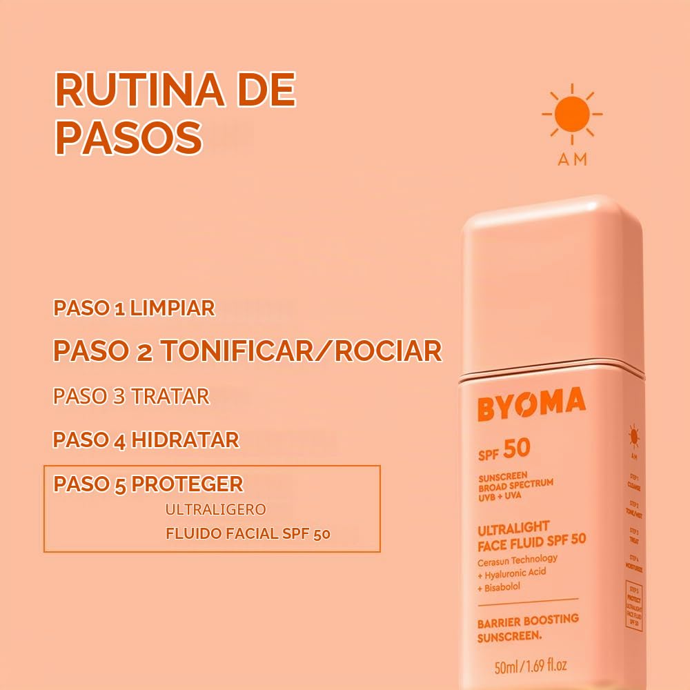 BYOMA SPF 50 FLUIDO FACIAL - PROTECTOR SOLAR FACIAL ULTRALIGERO PARA TODOS LOS TONOS DE PIEL - BRILLO LUMINOSO, SIN RESIDUOS - 6